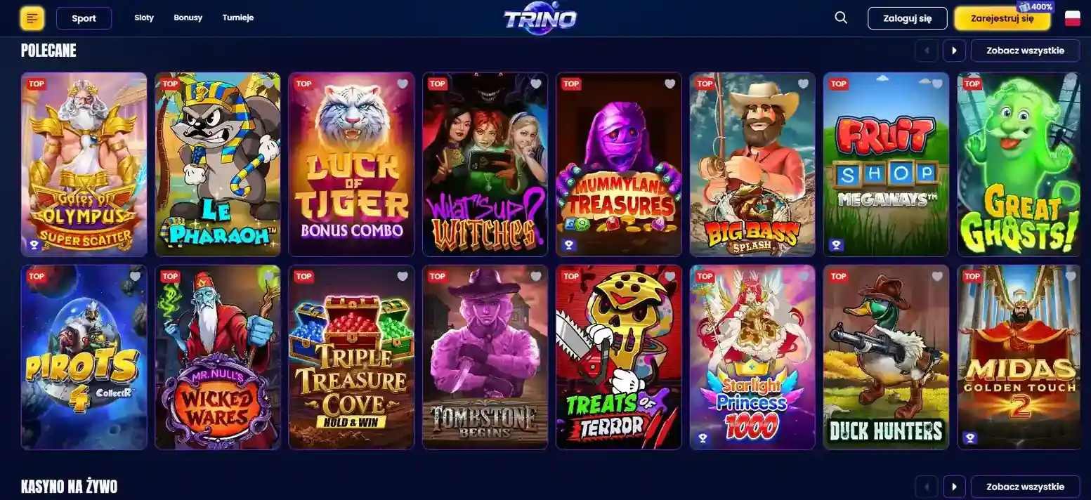Zrzut aktualnego katalogu gier lub strony głównej Trino Casino